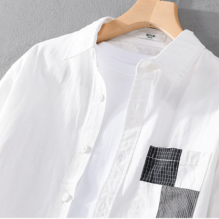 Camisa de lino y algodón de manga larga para hombre con solapa y diseño de patchwork de Buddha Stones Spring Daily Line con bolsillos - image 9