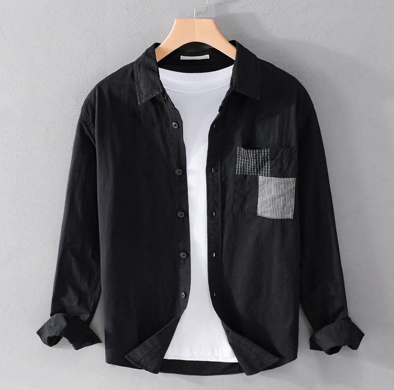 Camisa de lino y algodón de manga larga para hombre con solapa y diseño de patchwork de Buddha Stones Spring Daily Line con bolsillos - Negro - US/UK/AU42, EU52 (3XL) - image 15