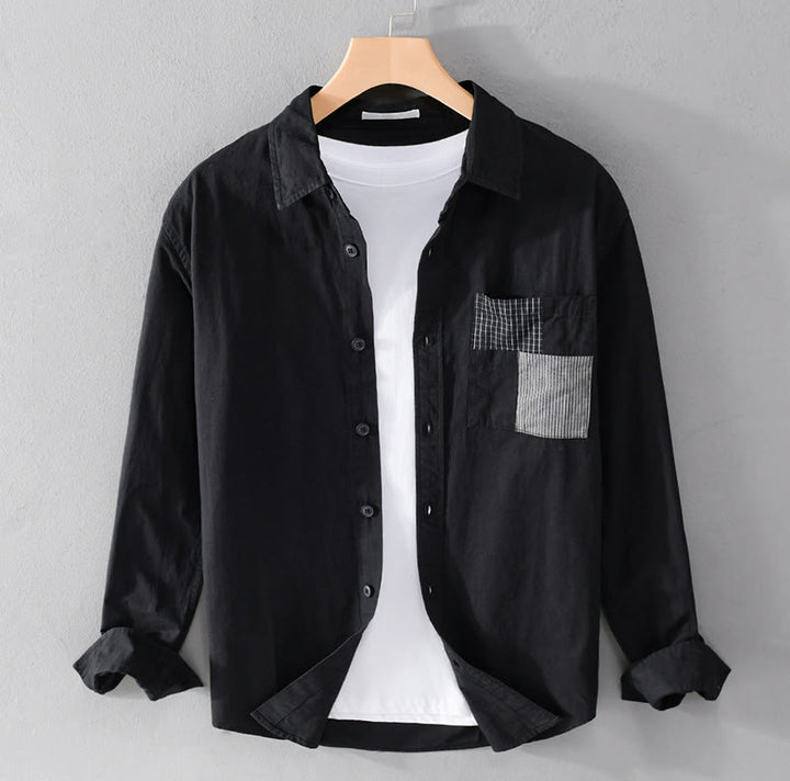 Camisa de lino y algodón de manga larga para hombre con solapa y diseño de patchwork de Buddha Stones Spring Daily Line con bolsillos - Negro - US/UK/AU42, EU52 (3XL) - image 15