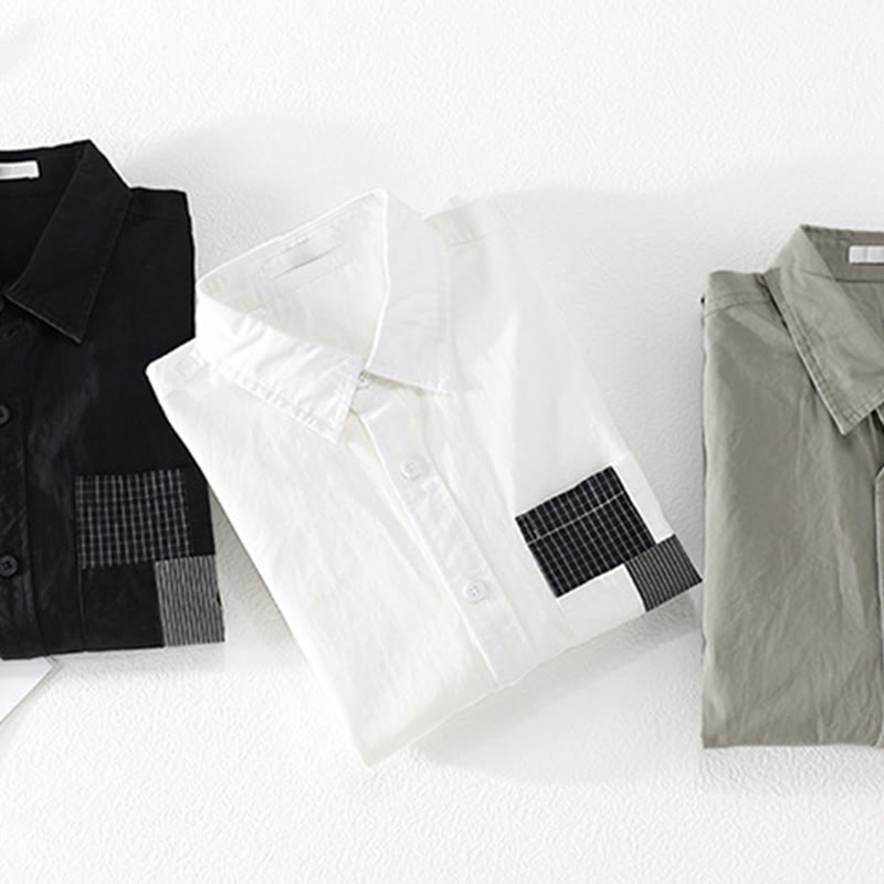 Camisa de lino y algodón de manga larga para hombre con solapa y diseño de patchwork de Buddha Stones Spring Daily Line con bolsillos - image 23
