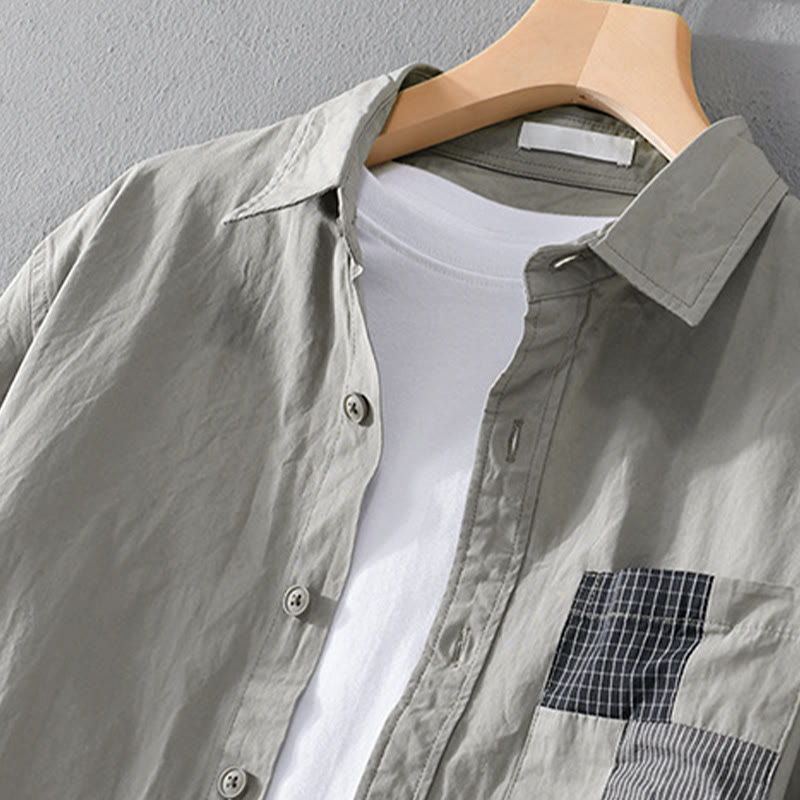 Camisa de lino y algodón de manga larga para hombre con solapa y diseño de patchwork de Buddha Stones Spring Daily Line con bolsillos - image 1