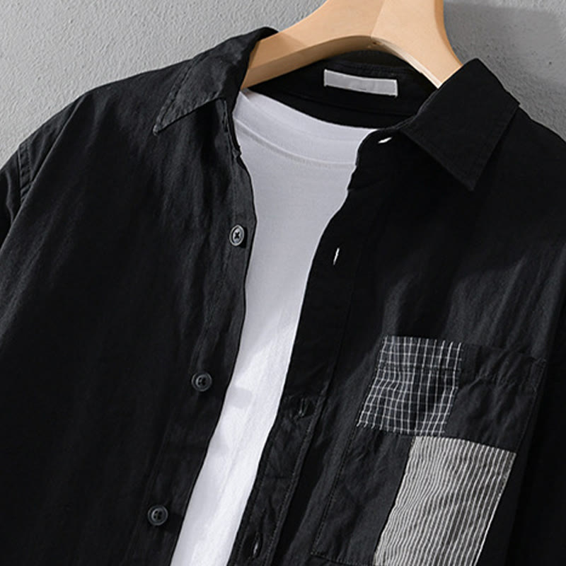 Camisa de lino y algodón de manga larga para hombre con solapa y diseño de patchwork de Buddha Stones Spring Daily Line con bolsillos - image 16