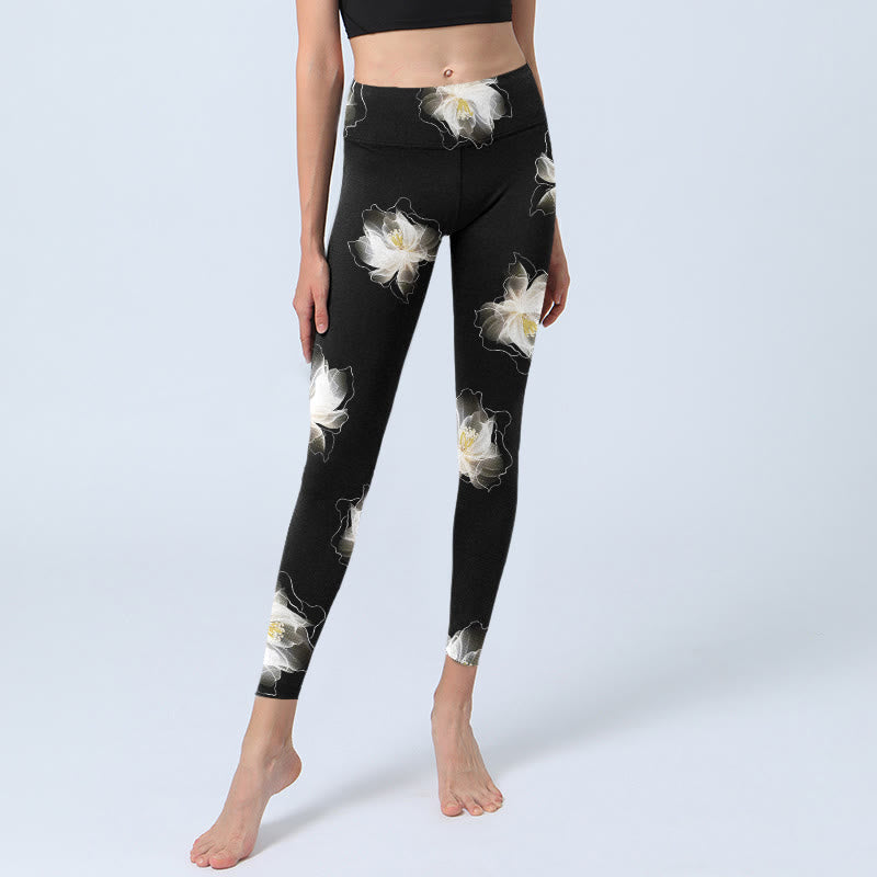 Leggings de yoga para mujer con estampado de pétalos de loto en blanco y negro y Buddha Stones - image 6