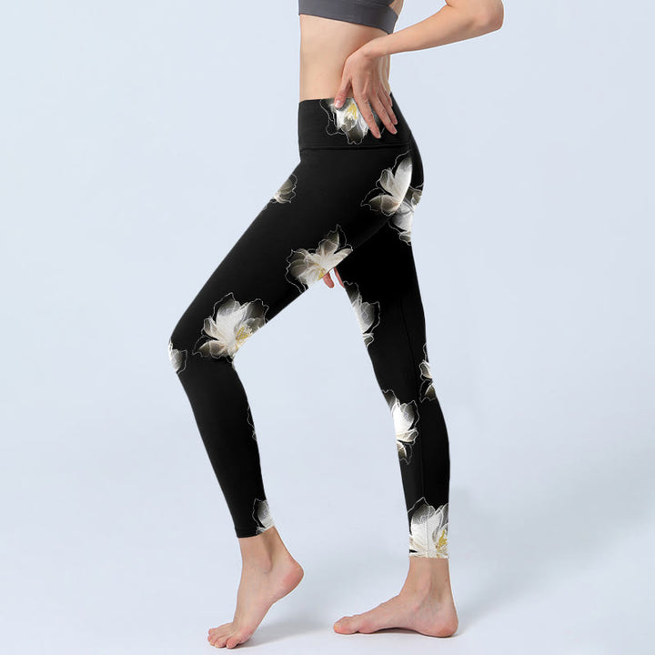 Leggings de yoga para mujer con estampado de pétalos de loto en blanco y negro y Buddha Stones - image 2
