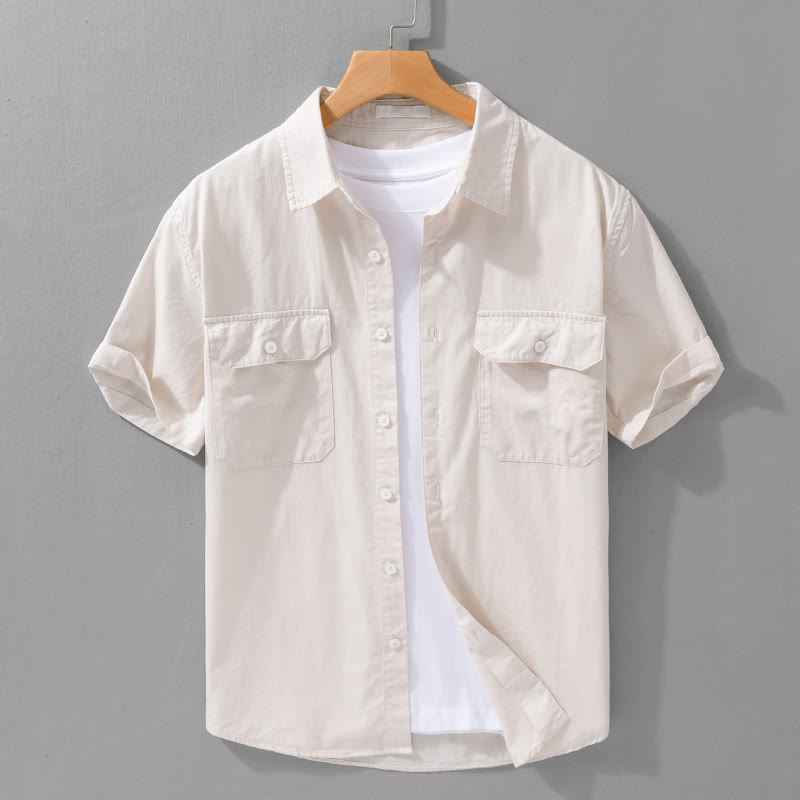 Camisa de lino y algodón de manga corta con solapa de color puro para hombre, con bolsillos, Buddha Stones Daily - Beige - US/UK/AU42, EU52 (3XL) - image 0