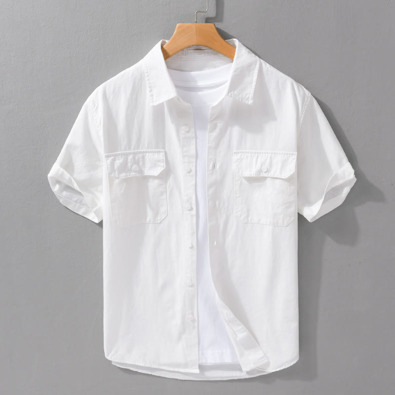 Camisa de lino y algodón de manga corta para hombre, informal, de uso diario, con solapa de color puro y bolsillos, de Buddha Stones - Blanco - US/UK/AU42, EU52 (3XL) - image 1