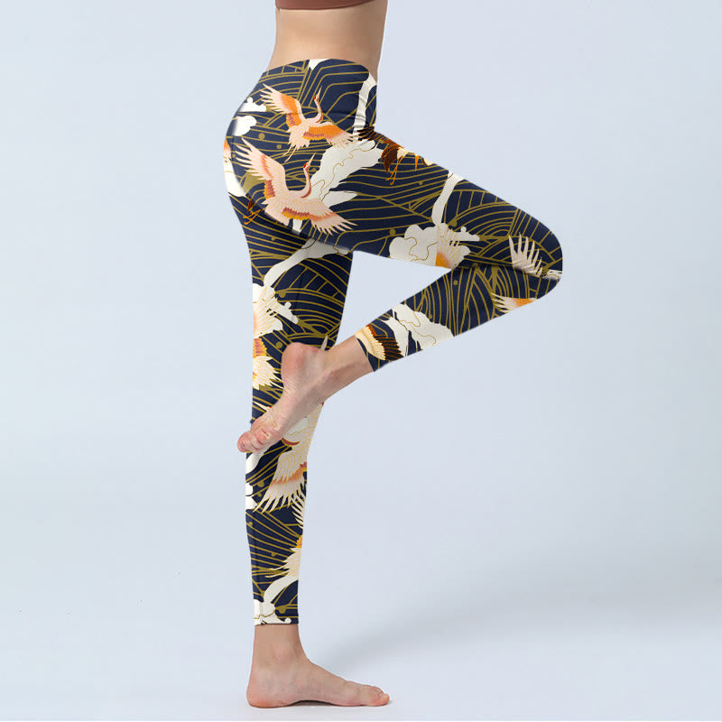 Leggings de yoga para mujer con estampado de grullas de corona roja, nubes y olas del mar, Buddha Stones - image 3