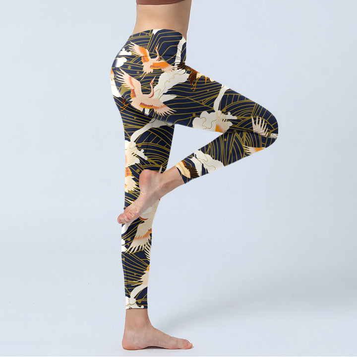 Leggings de yoga para mujer con estampado de grullas de corona roja, nubes y olas del mar, Buddha Stones - image 3
