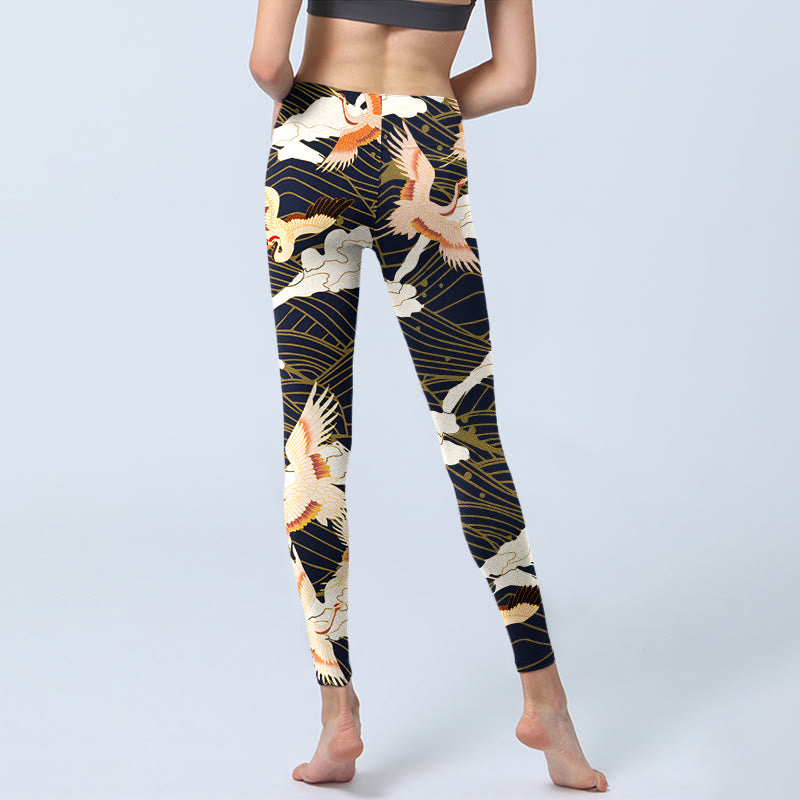 Leggings de yoga para mujer con estampado de grullas de corona roja, nubes y olas del mar, Buddha Stones - image 6
