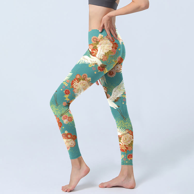 Leggings de yoga para mujer con estampado de Buddha Stones , grullas de corona roja, flores de peonía y mariposas - image 2
