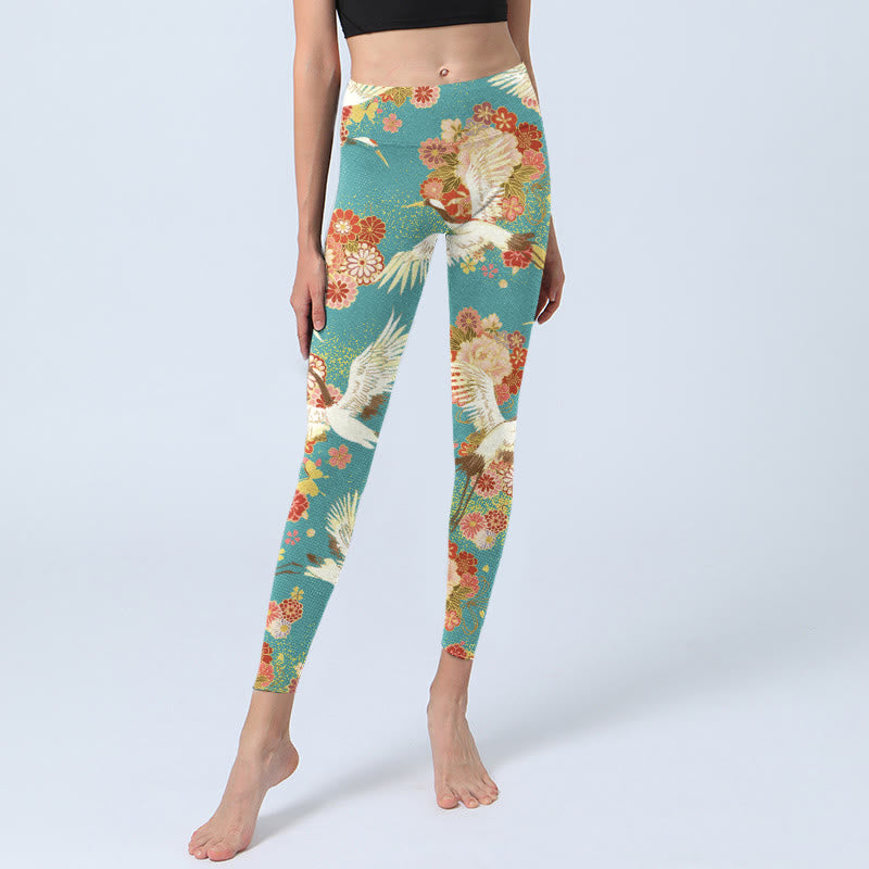 Leggings de yoga para mujer con estampado de Buddha Stones , grullas de corona roja, flores de peonía y mariposas - image 5