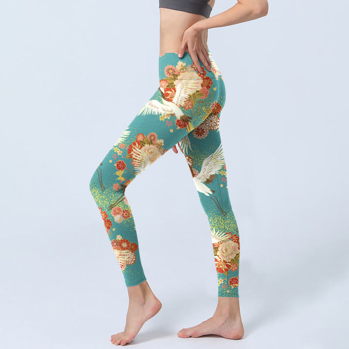 Leggings de yoga para mujer con estampado de Buddha Stones , grullas de corona roja, flores de peonía y mariposas - image 3