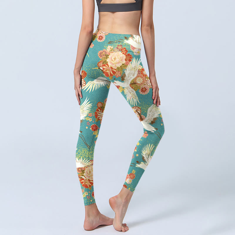 Leggings de yoga para mujer con estampado de Buddha Stones , grullas de corona roja, flores de peonía y mariposas - image 4