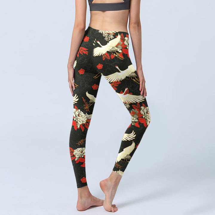 Leggings de yoga para mujer con estampado de Buddha Stones , grullas de corona roja y flores de peonía - image 5