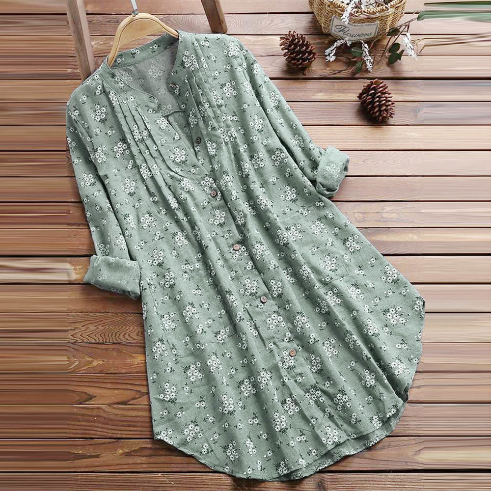 Camisa de algodón de manga larga para mujer con botones florales y Buddha Stones - Verde mar claro - US8-10，UK/AU12-14，EU40-42 (2XL) - image 1