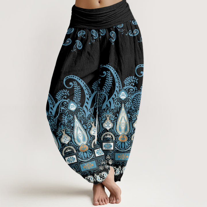 Pantalones harén con cintura elástica para mujer con estampado floral de cachemira y piedras de Buddha Stones - Negro - US22，UK/AU26，EU54 (6XL) - image 1