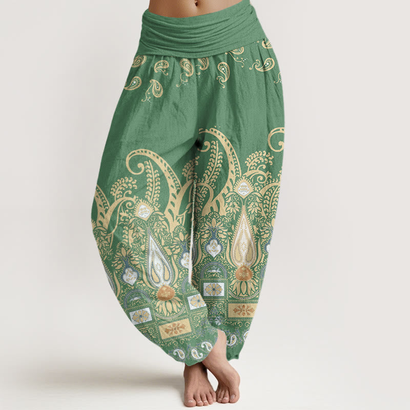 Pantalones harén con cintura elástica para mujer con estampado floral de cachemira y piedras de Buddha Stones - Verde mar medio - US22，UK/AU26，EU54 (6XL) - image 5