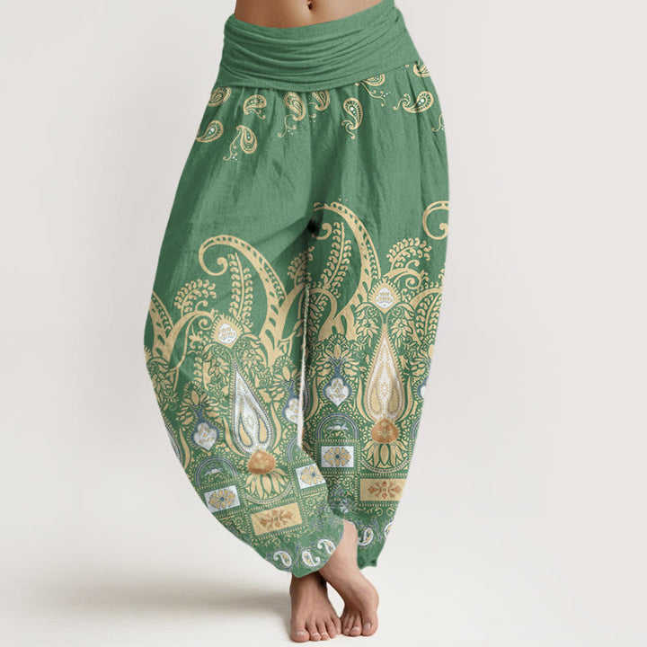Pantalones harén con cintura elástica para mujer con estampado floral de cachemira y piedras de Buddha Stones - Verde mar medio - US22，UK/AU26，EU54 (6XL) - image 5