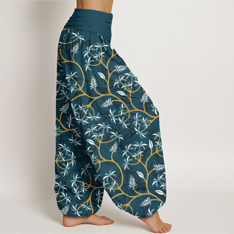 Pantalones harén con cintura elástica para mujer, con diseño de hojas, flores y ramas doradas de Buddha Stones - image 3