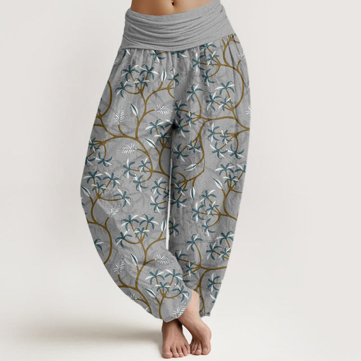 Pantalones harén con cintura elástica para mujer, con diseño de hojas, flores y ramas doradas de Buddha Stones - Plata - US22，UK/AU26，EU54 (6XL) - image 5