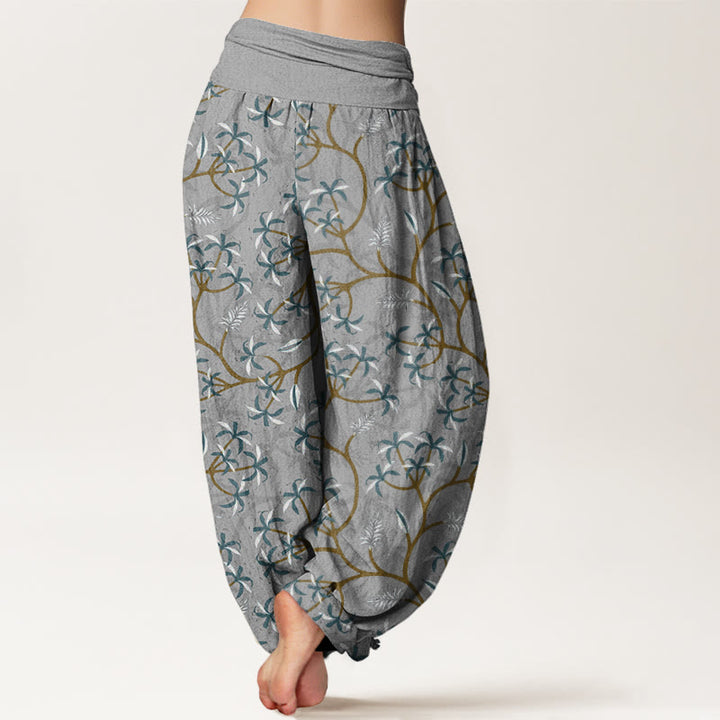 Pantalones harén con cintura elástica para mujer, con diseño de hojas, flores y ramas doradas de Buddha Stones - image 6