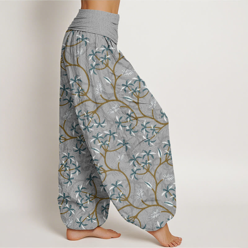 Pantalones harén con cintura elástica para mujer, con diseño de hojas, flores y ramas doradas de Buddha Stones - image 7
