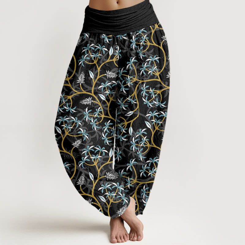Pantalones harén con cintura elástica para mujer, con diseño de hojas, flores y ramas doradas de Buddha Stones - Negro - US22，UK/AU26，EU54 (6XL) - image 8