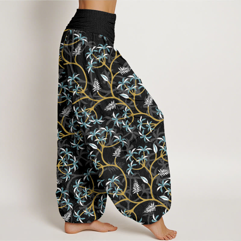 Pantalones harén con cintura elástica para mujer, con diseño de hojas, flores y ramas doradas de Buddha Stones - image 10