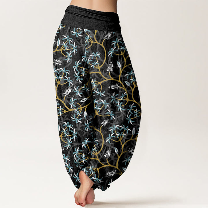 Pantalones harén con cintura elástica para mujer, con diseño de hojas, flores y ramas doradas de Buddha Stones - image 9