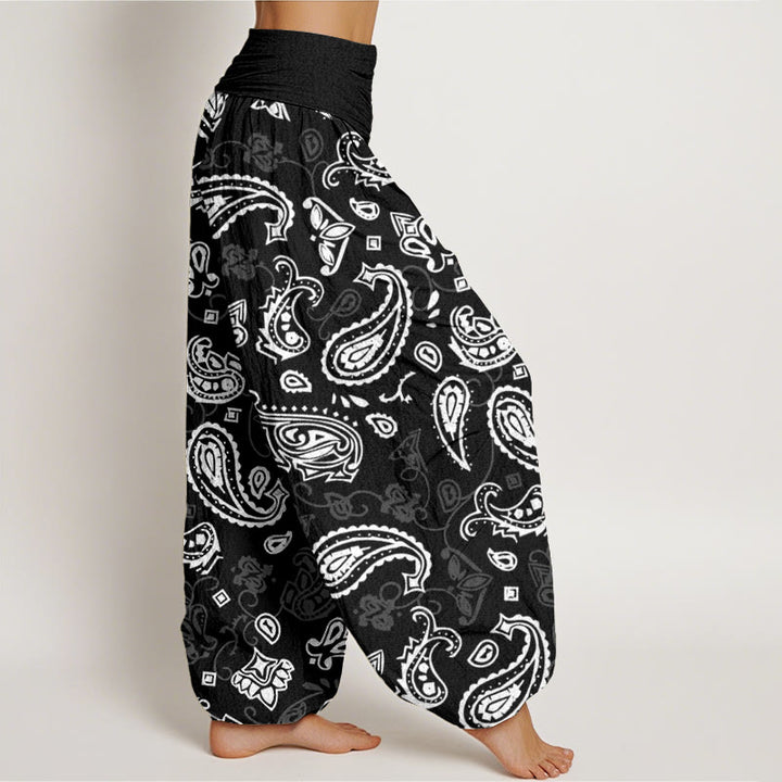 Pantalones harén informales con estampado paisley blanco y Buddha Stones para mujer, cintura elástica - image 3