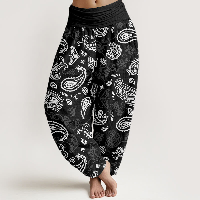 Pantalones harén informales con estampado paisley blanco y Buddha Stones para mujer, cintura elástica - Negro - US22，UK/AU26，EU54 (6XL) - image 1