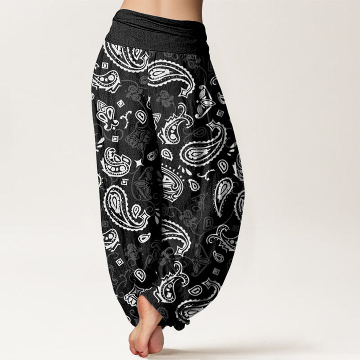 Pantalones harén informales con estampado paisley blanco y Buddha Stones para mujer, cintura elástica - image 2