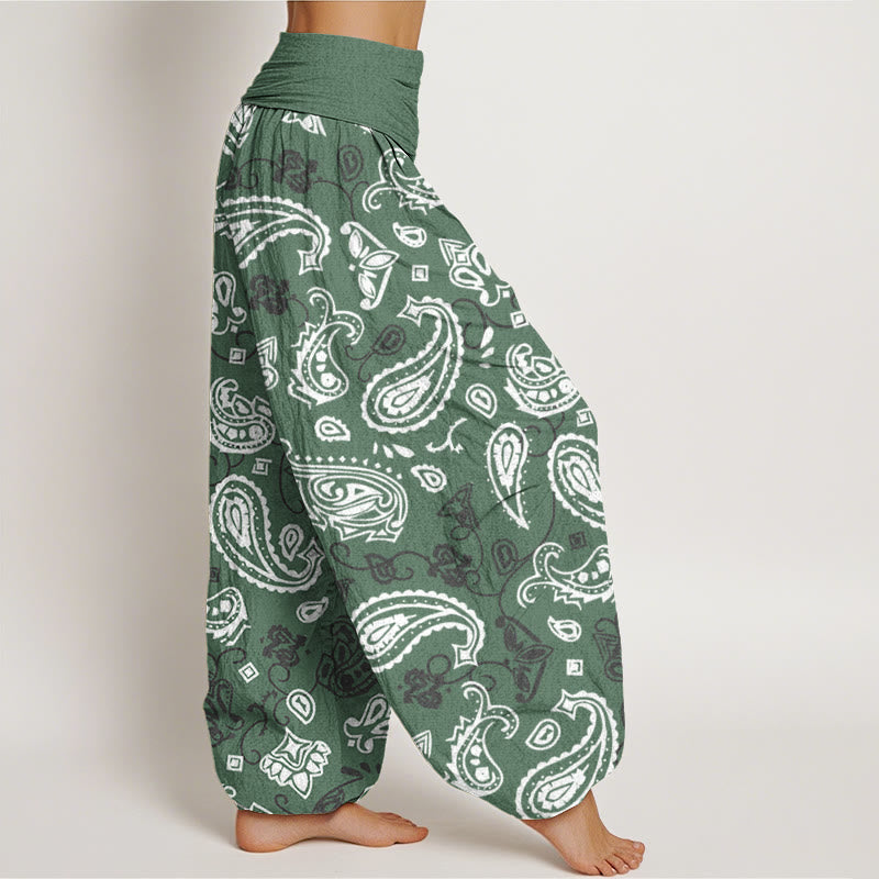 Pantalones harén informales con estampado paisley blanco y Buddha Stones para mujer, cintura elástica - image 7