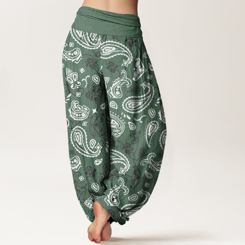 Pantalones harén informales con estampado paisley blanco y Buddha Stones para mujer, cintura elástica - image 6