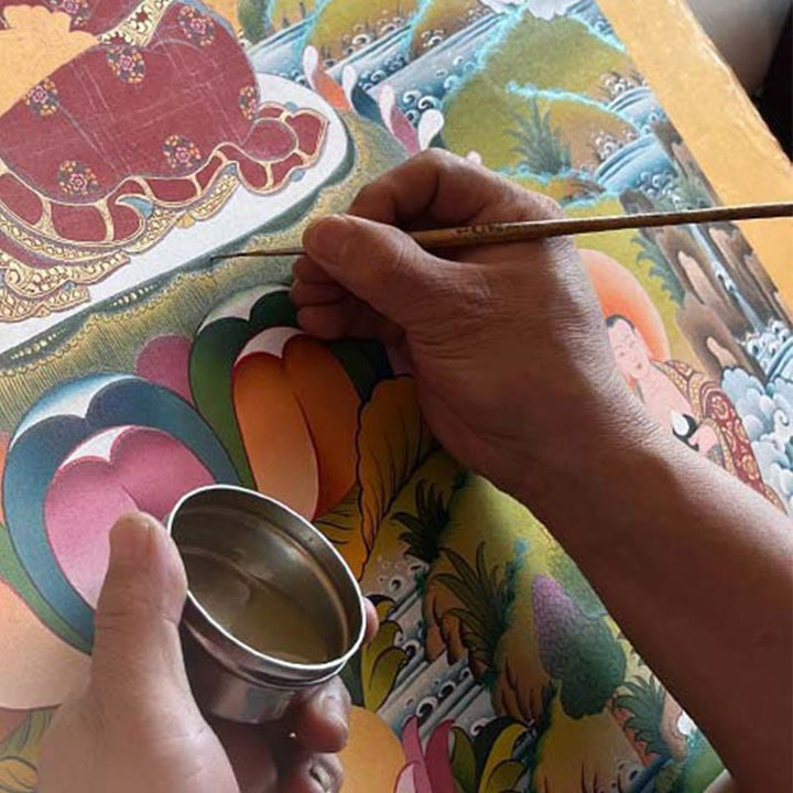 Pintura Thangka tibetana con Buddha Stones , Om Mani Padme Hum, dragón, fénix, escritura, decoración hecha a mano (estilo aleatorio)