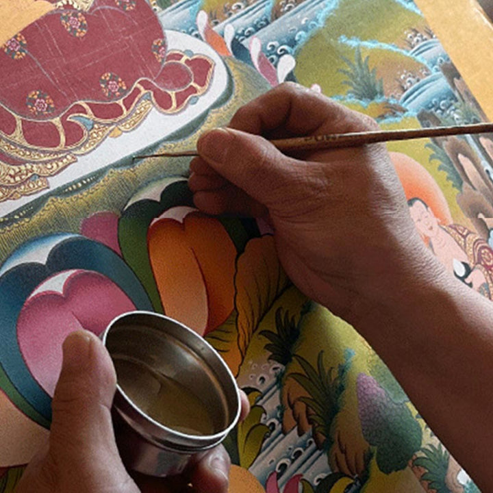 Pintura Thangka tibetana con Buddha Stones , amarilla, Dios de la Riqueza, Tara Avalokitesvara verde, decoración hecha a mano, caja ciega (estilo aleatorio)