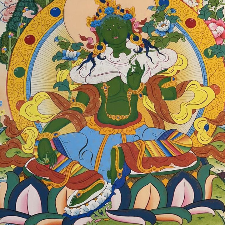 Pintura Thangka tibetana con Buddha Stones , amarilla, Dios de la Riqueza, Tara Avalokitesvara verde, decoración hecha a mano, caja ciega (estilo aleatorio)