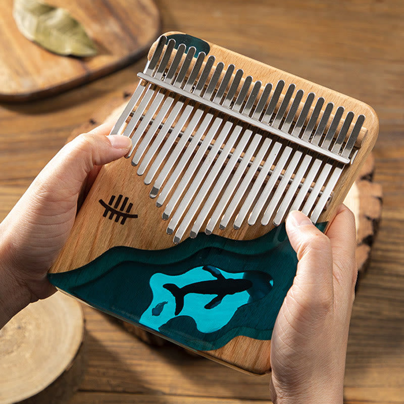 Kalimba Buddha Stones de 17/21 teclas, piano de pulgar de madera de haya, diseño de ballena azul de aguas profundas, piano de dedo portátil