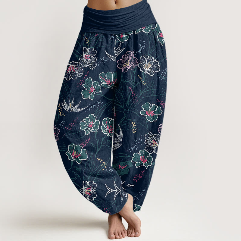 Pantalones harén informales con estampado de flores tropicales y follaje de Buddha Stones para mujer, con cintura elástica - Azul medianoche - US22，UK/AU26，EU54 (6XL) - image 1