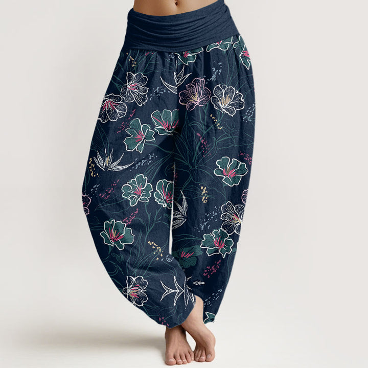 Pantalones harén informales con estampado de flores tropicales y follaje de Buddha Stones para mujer, con cintura elástica - Azul medianoche - US22，UK/AU26，EU54 (6XL) - image 1