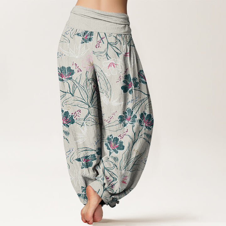 Pantalones harén informales con estampado de flores tropicales y follaje de Buddha Stones para mujer, con cintura elástica - image 6
