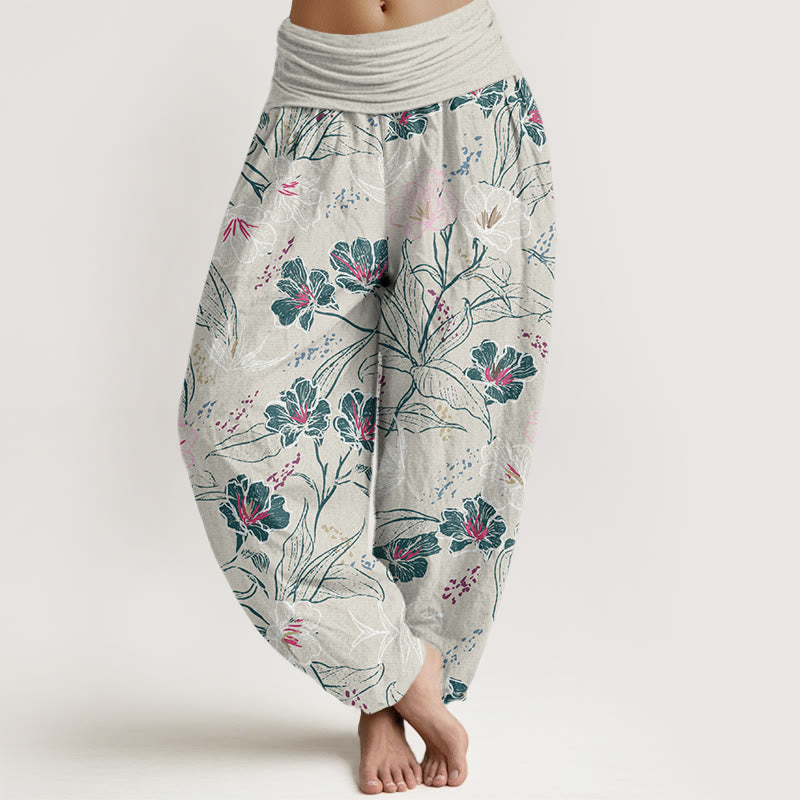 Pantalones harén informales con estampado de flores tropicales y follaje de Buddha Stones para mujer, con cintura elástica - Humo blanco - US22，UK/AU26，EU54 (6XL) - image 5