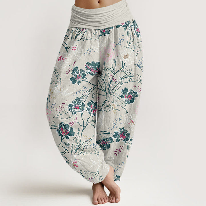 Pantalones harén informales con estampado de flores tropicales y follaje de Buddha Stones para mujer, con cintura elástica - Humo blanco - US22，UK/AU26，EU54 (6XL) - image 5