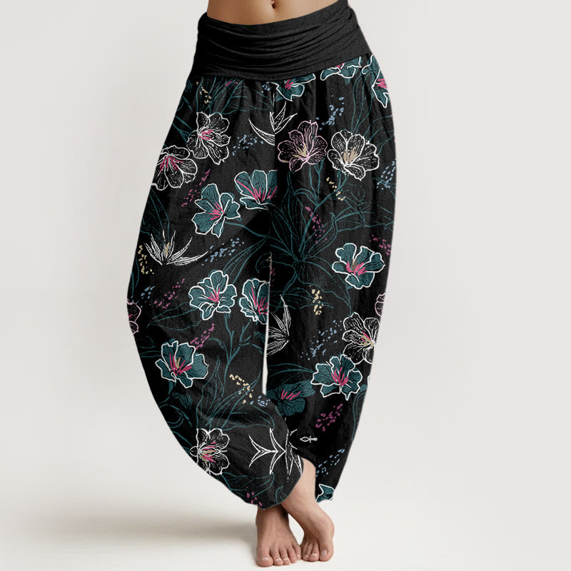 Pantalones harén informales con estampado de flores tropicales y follaje de Buddha Stones para mujer, con cintura elástica - Negro - US22，UK/AU26，EU54 (6XL) - image 8