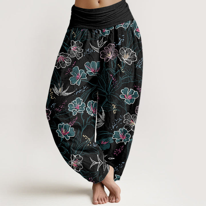 Pantalones harén informales con estampado de flores tropicales y follaje de Buddha Stones para mujer, con cintura elástica - Negro - US22，UK/AU26，EU54 (6XL) - image 8