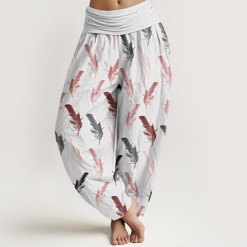 Pantalones harén informales con estampado de flores tropicales y follaje de Buddha Stones para mujer, con cintura elástica - Humo blanco - US22，UK/AU26，EU54 (6XL) - image 1