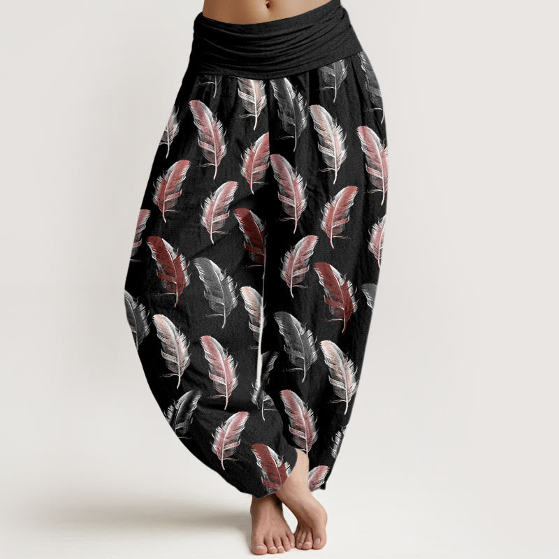 Pantalones harén informales con estampado de flores tropicales y follaje de Buddha Stones para mujer, con cintura elástica - Negro - US22，UK/AU26，EU54 (6XL) - image 5