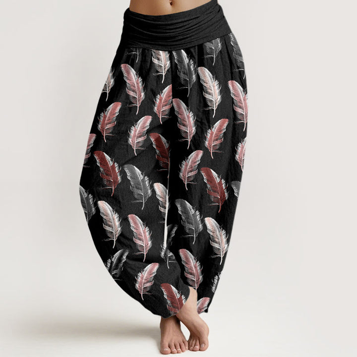 Pantalones harén informales con estampado de flores tropicales y follaje de Buddha Stones para mujer, con cintura elástica - Negro - US22，UK/AU26，EU54 (6XL) - image 5