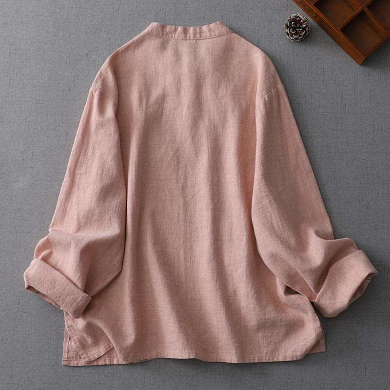 Camisa de Buddha Stones y algodón de manga larga para mujer, estilo vintage chino con diseño de rana y botones, cuello alto y diseño zen. - image 1