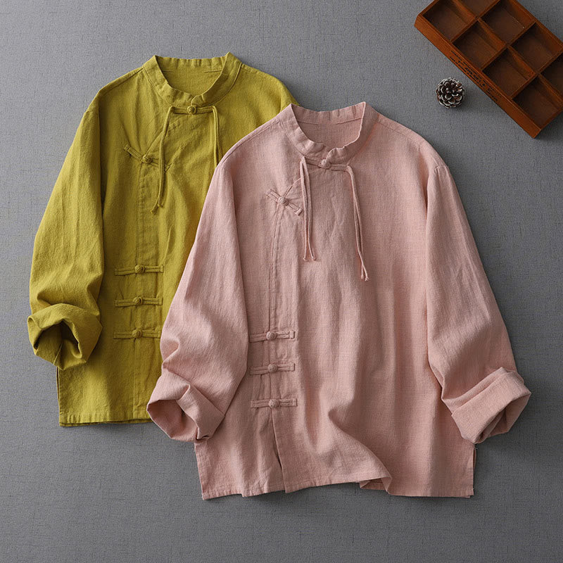 Camisa de Buddha Stones y algodón de manga larga para mujer, estilo vintage chino con diseño de rana y botones, cuello alto y diseño zen. - image 7